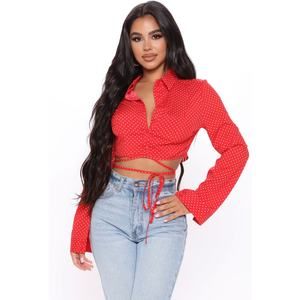 FASHIONNOVA Spot On Cropped Shirt-RED/WHITE-SIZE LARGE